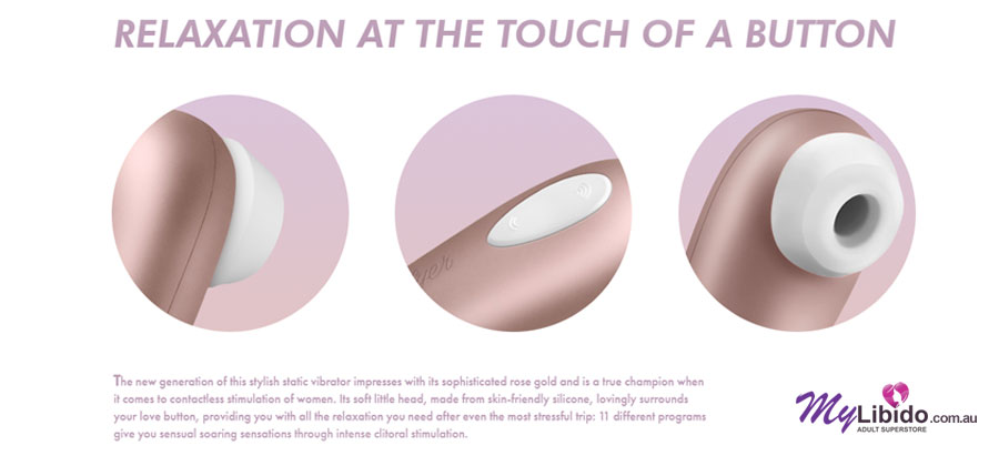 The new generation of this stylish static vibrator impresses with its sophisticated rose gold and is a true champion when it comes to contactless stimulation of women. Its soft little head, made from skin-friendly silicone, lovingly surrounds your love button, providing you with all the relaxation you need after even the most stressful trip: 11 different programs give you sensual soaring sensations through intense clitoral stimulation. The new generation of this stylish static vibrator impresses with its sophisticated rose gold and is a true champion when it comes to contactless stimulation of women. Its soft little head, made from skin-friendly silicone, lovingly surrounds your love button, providing you with all the relaxation you need after even the most stressful trip: 11 different programs give you sensual soaring sensations through intense clitoral stimulation.