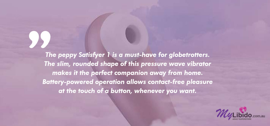 The peppy Satisfyer 1 is a must-have for globetrotters. The slim, rounded shape of this pressure wave vibrator makes it the perfect companion away from home. Battery-powered operation allows contact-free pleasure at the touch of a button, whenever you want. The peppy Satisfyer 1 is a must-have for globetrotters. The slim, rounded shape of this pressure wave vibrator makes it the perfect companion away from home. Battery-powered operation allows contact-free pleasure at the touch of a button, whenever you want.