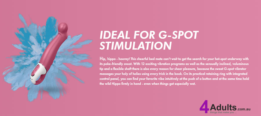 Ideal for G-Spot Stimulation - Hip, hippo - hooray! This cheerful bed mate can’t wait to get the search for your hot-spot underway with its poke-friendly snoot. With 12 exciting vibration programs as well as the sensually inclined, voluminous tip and a flexible shaft there is also every reason for sheer pleasure, because the sweet G-spot vibrator massages your holy of holies using every trick in the book. On its practical retaining ring with integrated control panel, you can find your favorite vibe intuitively at the push of a button and at the same time hold the wild Hippo firmly in hand - even when things get especially wet.